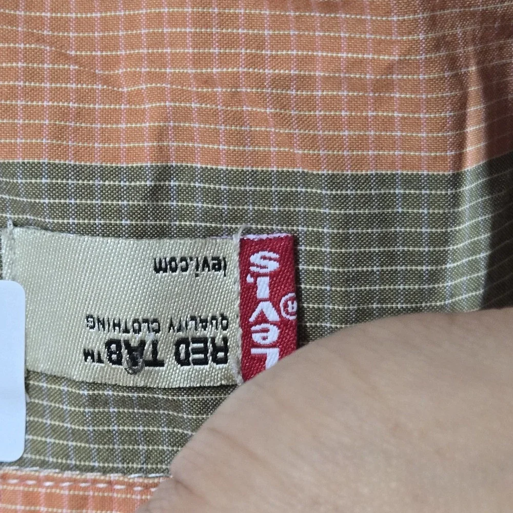 VINTAGE Levi's Men Button Up Shirt L Tan Cotton Striped Rugby Skater Grunge Y2K